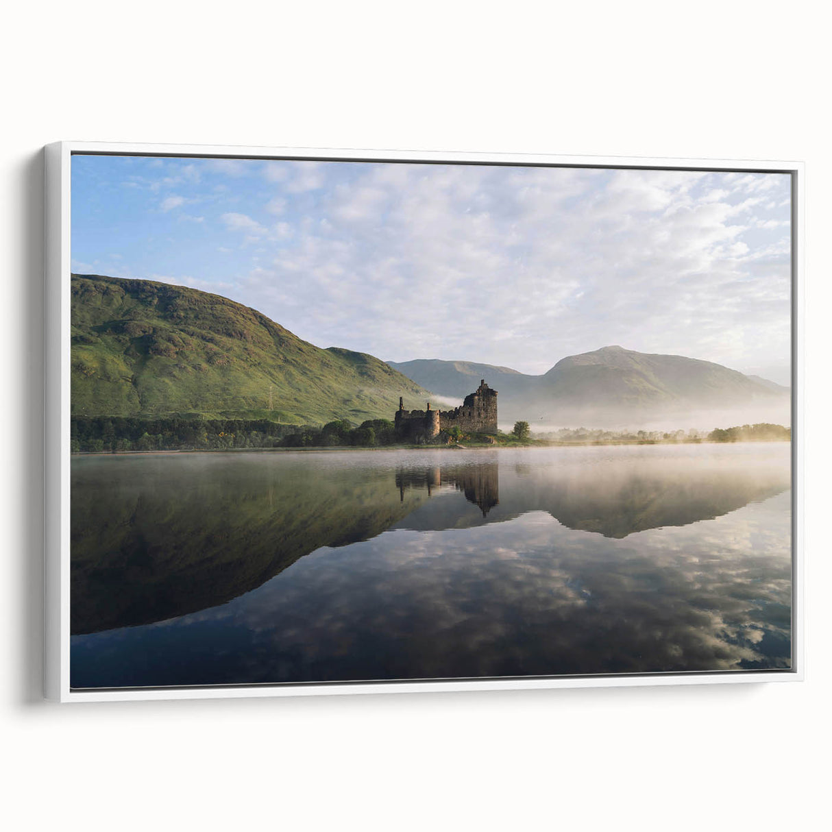 Vintage poster art of a Scottish landscape on a framed canvas, featuring muted earth tones, ideal for living room decor.
