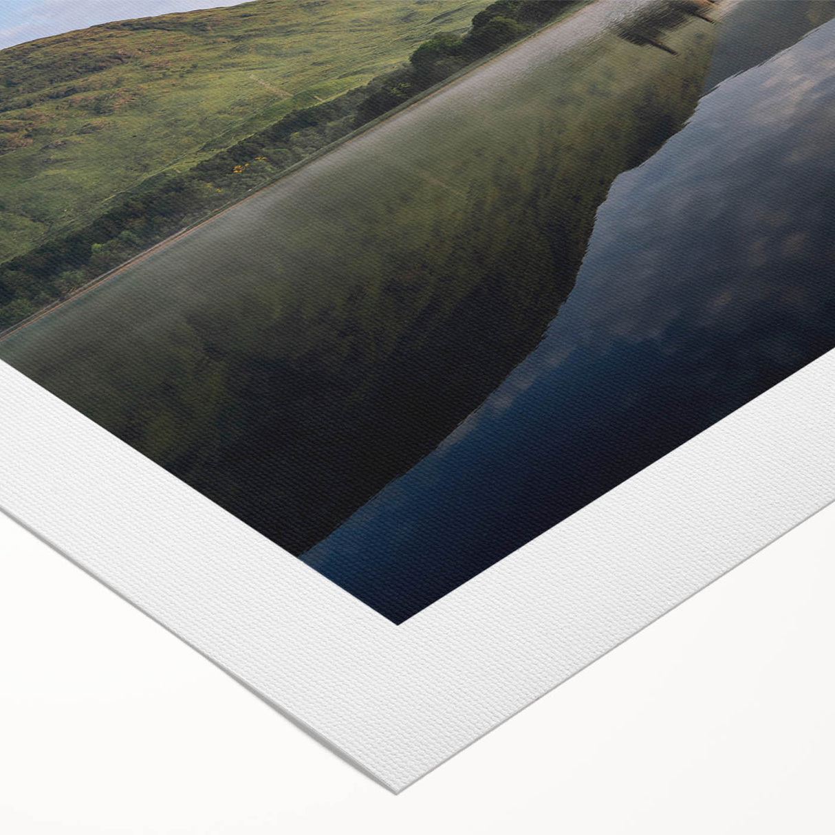 Art deco poster depicting a serene Scottish landscape in muted green and blue tones on rolled canvas.