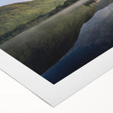 Art deco poster depicting a serene Scottish landscape in muted green and blue tones on rolled canvas.