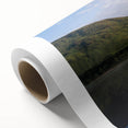 Art deco style poster of a serene Scottish landscape in pastel shades on rolled canvas, suitable as nursery wall art.