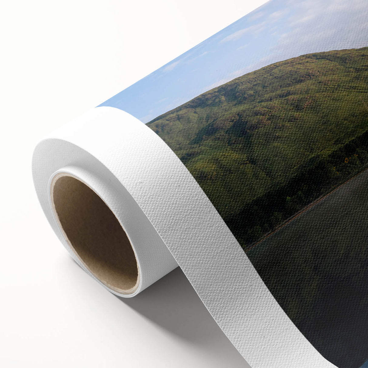 Art deco style poster of a serene Scottish landscape in pastel shades on rolled canvas, suitable as nursery wall art.