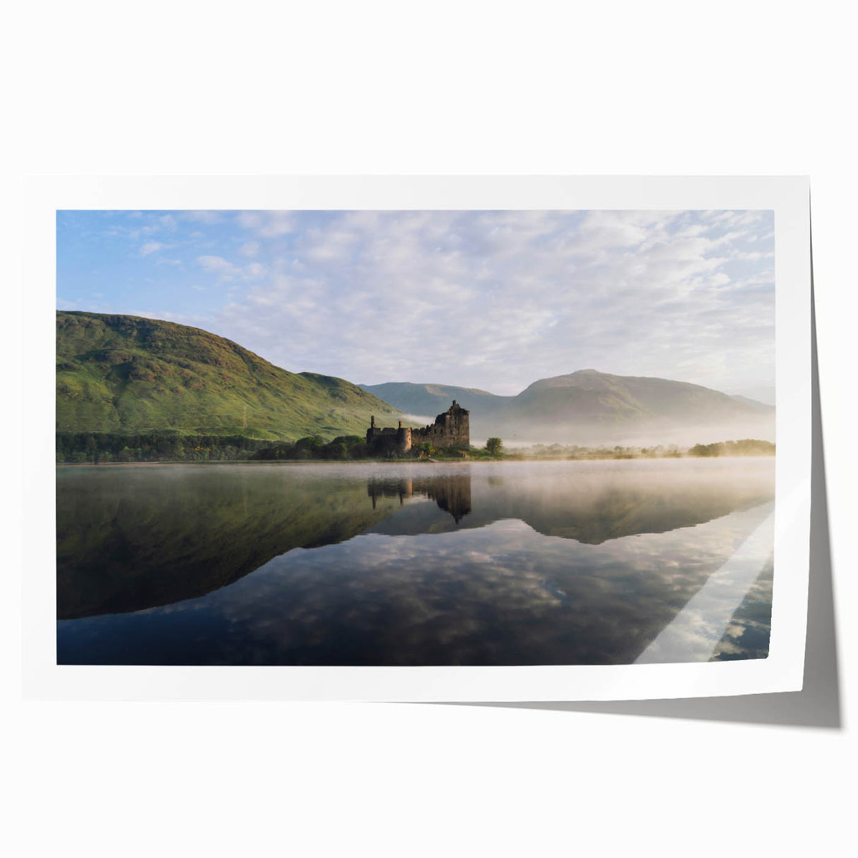 Extra large rolled print depicting a serene Scottish landscape in muted green and blue tones, ideal for dining room wall art.