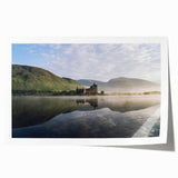Extra large rolled print depicting a serene Scottish landscape in muted green and blue tones, ideal for dining room wall art.