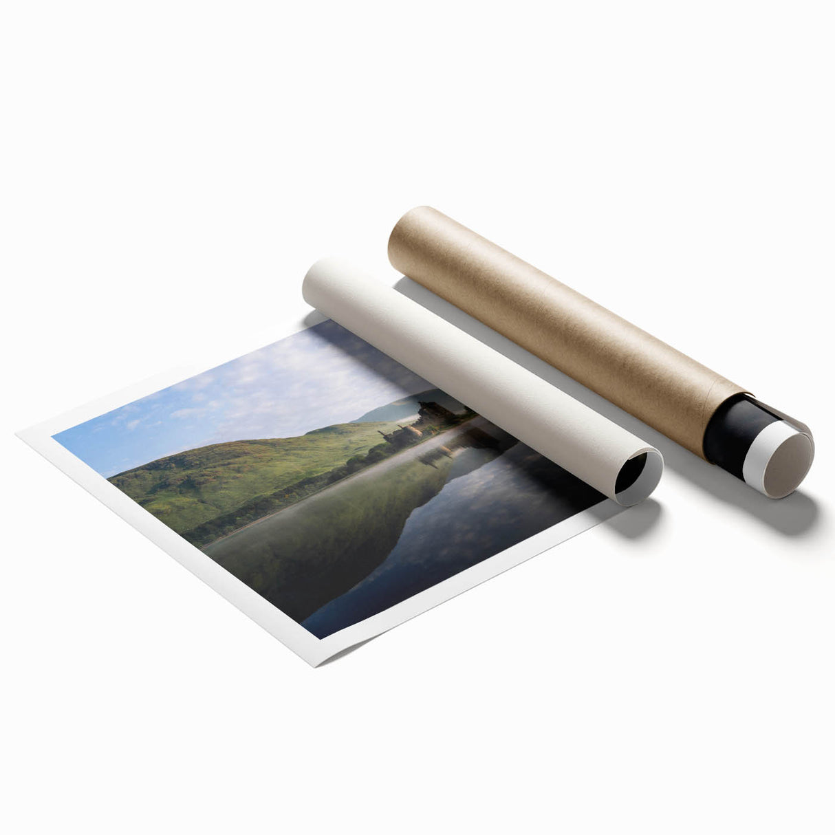 Extra large rolled print of a Scottish landscape, featuring muted green and brown tones, ideal for classy bathroom wall art.