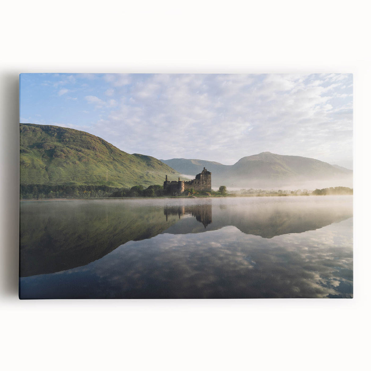 Black and white photograph of a Scottish landscape on stretched canvas, ideal for kitchen wall art.