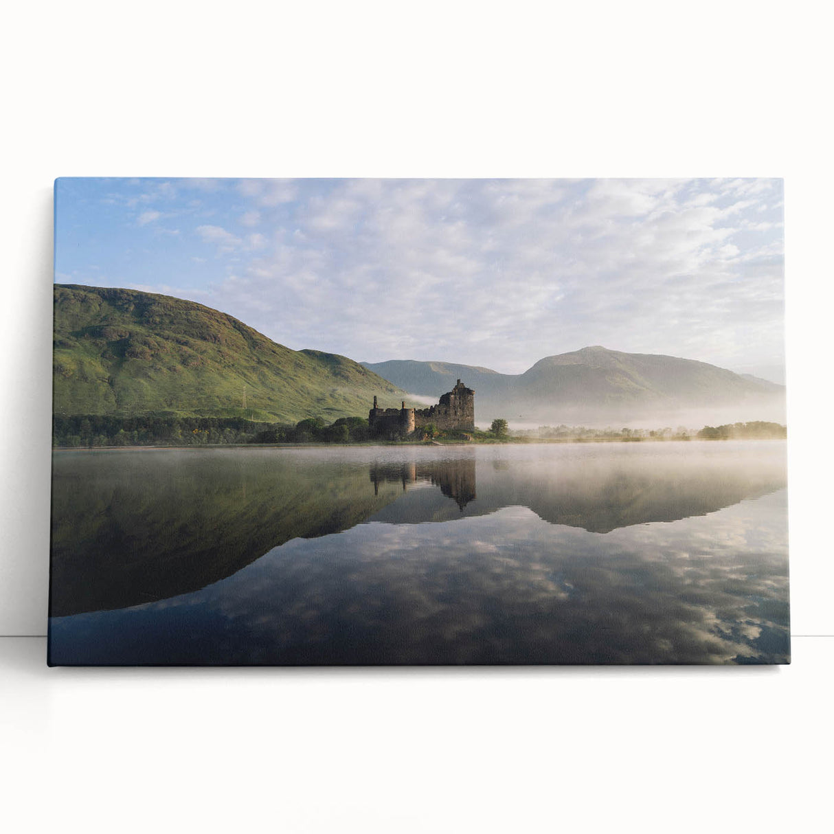 Black and white stretched canvas of a Scottish landscape, ideal for kitchen wall art.