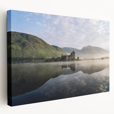 Scottish landscape scene on stretched canvas with muted green and blue tones, suitable for kitchen wall art.