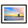 Extra large abstract art print of colorful, textured Barcelona scenery on a black framed canvas, ideal for living room decor.