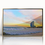 Art deco poster of Barcelona skyline in gold and black tones on framed acrylic, suitable for modern art wall decor.