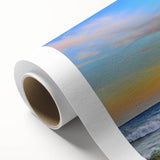 Art Deco poster of Barcelona scenery in pastel blue and pink, rolled canvas, ideal for nursery wall art.