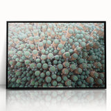 Large abstract wall art depicting a minimalist Canary Islands landscape in muted earth tones, framed in black acrylic.