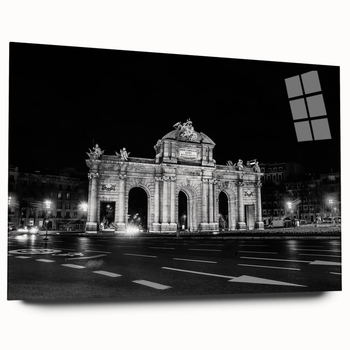 Large abstract depiction of Madrid skyline in muted shades on acrylic glass, suitable for bedroom or dining room art.