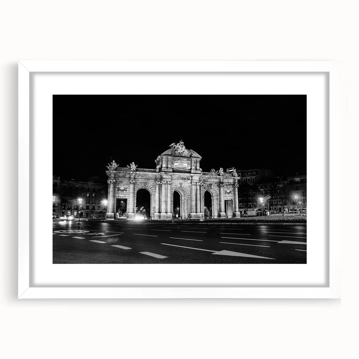 Abstract art print of Madrid with vibrant hues on a framed white mat, ideal for dining room decor.