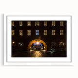Abstract art print of Stockholm scenery in muted gray and blue tones, framed with a white mat, ideal for dining room decor.