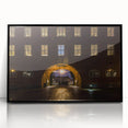 Large abstract wall art depicting Stockholm's skyline in muted gray and blue tones on a framed acrylic.