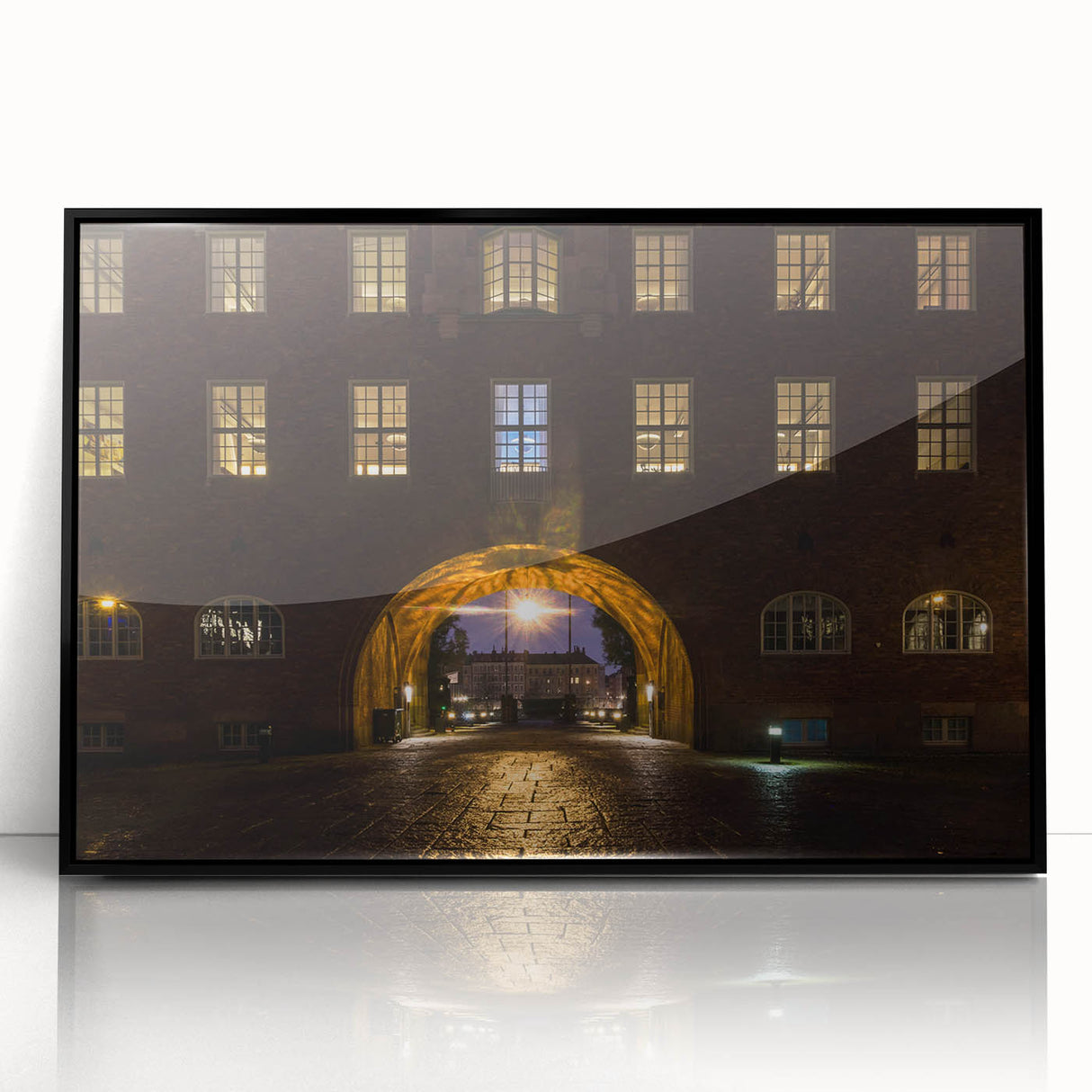 Large abstract wall art depicting Stockholm's skyline in muted gray and blue tones on a framed acrylic.