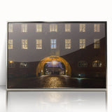 Mid-century modernist art depicting Stockholm’s skyline in muted gray and blue on a silver-framed acrylic print.