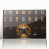 Art deco poster of Stockholm scenery in monochrome shades on white framed acrylic, ideal for modern nursery wall decor.