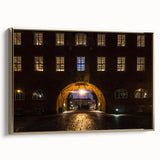 A vintage poster art style landscape painting of Stockholm on a framed canvas, featuring muted earth tones.