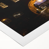 Art deco poster featuring a Stockholm cityscape in muted blue and gray tones on rolled canvas.