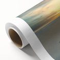 Art deco poster of a serene Swedish landscape in muted green and blue tones on rolled canvas, ideal for nursery wall art.