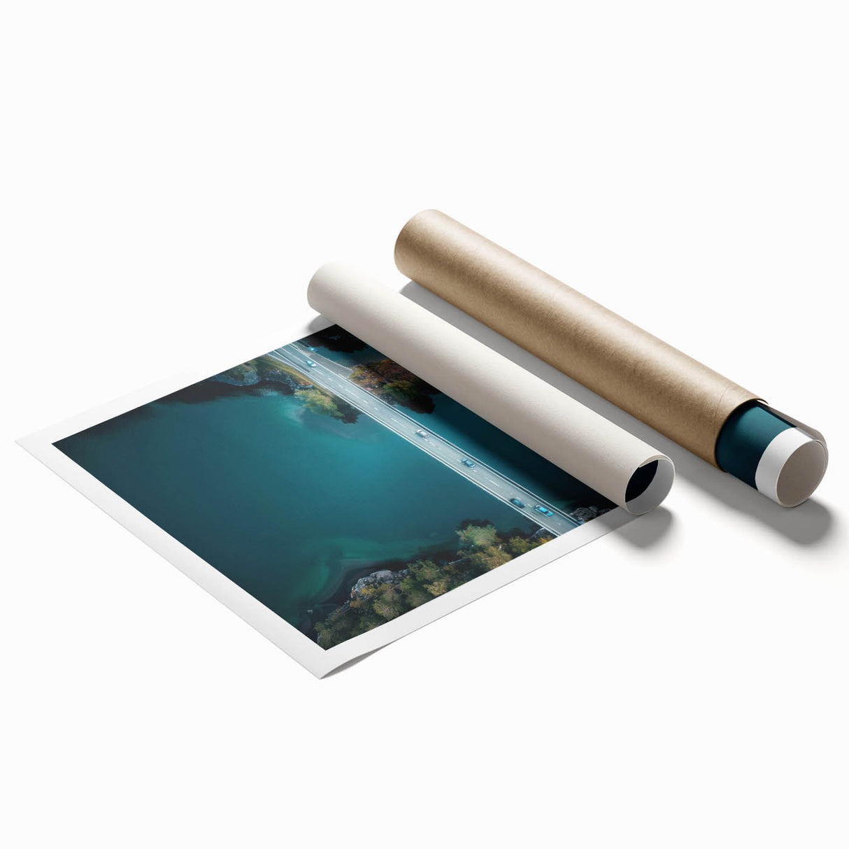 Extra large rolled print of a serene Swiss landscape, featuring lush green fields and distant mountains.