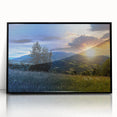 Large abstract wall art featuring a dynamic blend of geometric shapes in muted earth tones, displayed in a black frame.