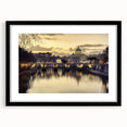 Abstract art print of a colorful European scenery, in a black frame with mat, ideal for living room decor.
