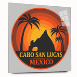 Large abstract wall art of Cabo San Lucas scenery in vibrant blues and greens on acrylic glass.