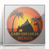 Framed acrylic print of Cabo San Lucas scenery in muted blue and white tones, ideal for modern art wall decor.