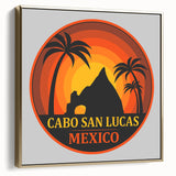 Framed canvas wall art depicting the Cabo San Lucas landscape in silver and gold tones, ideal for bedroom decor.