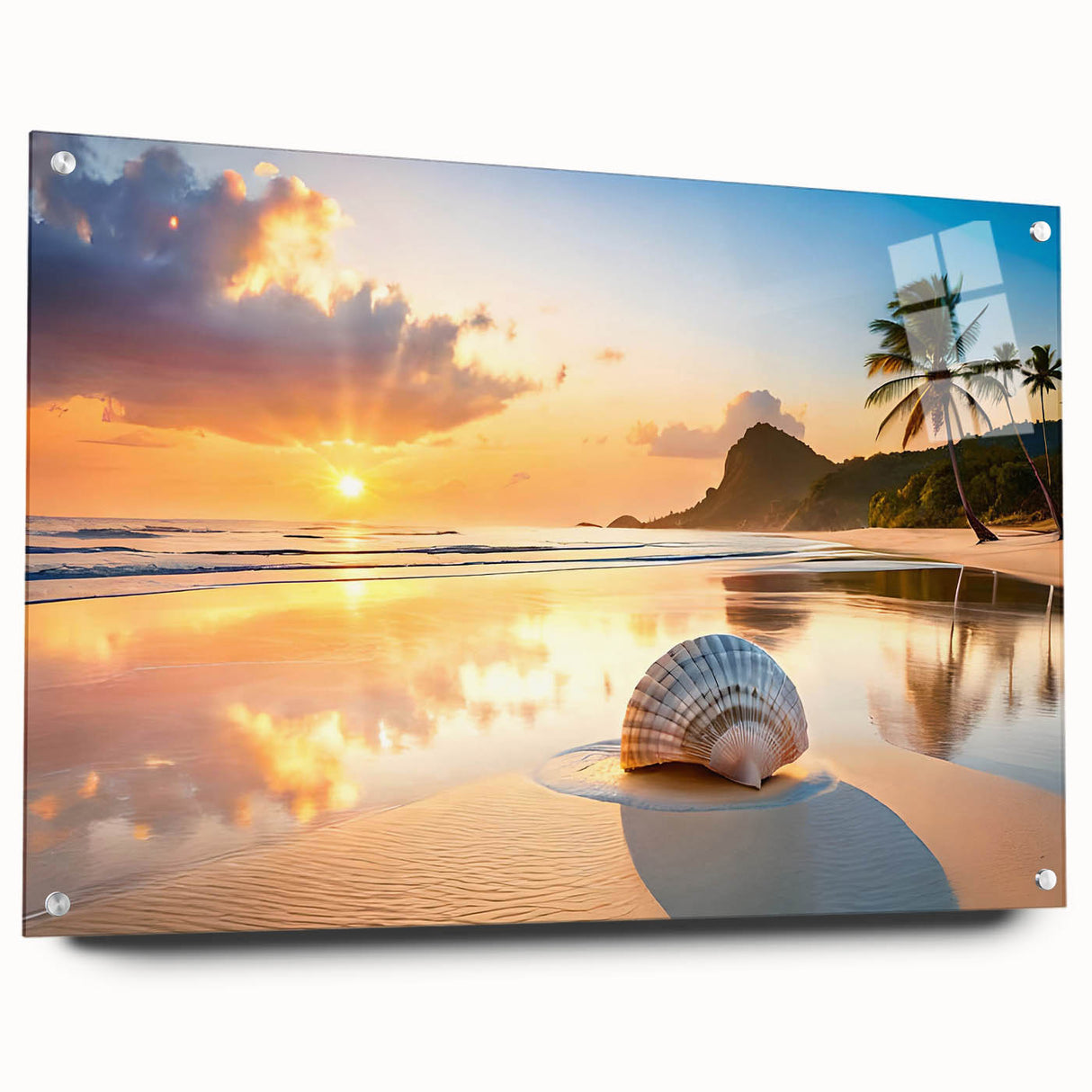 Acrylic glass print of Cancun scenery with vivid blue and green tones, ideal for dining room decor.