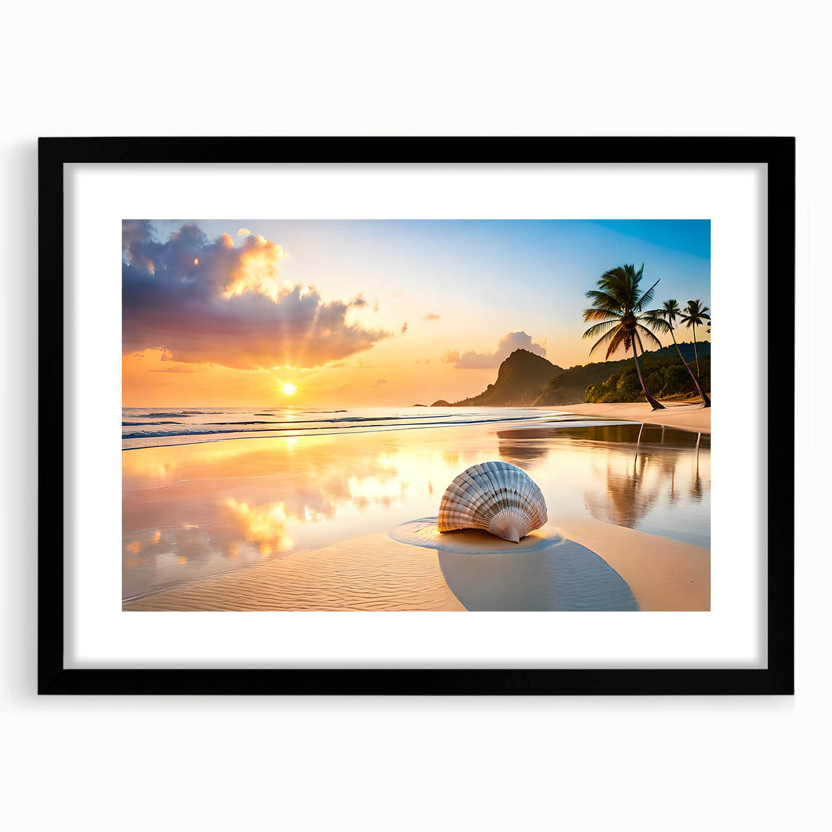Abstract art print of Cancun scenery in vibrant colors on a textured, extra large canvas, framed in black.
