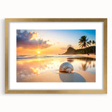 Extra large abstract art print of Cancun scenery in textured shades of blue and green, framed in gold.