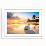 Abstract art print of Cancun scenery in muted blue and green tones, framed with a white mat, suitable for dining room decor.