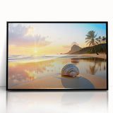 Large abstract wall art of Cancun scenery in muted blues and greens, framed in black acrylic.