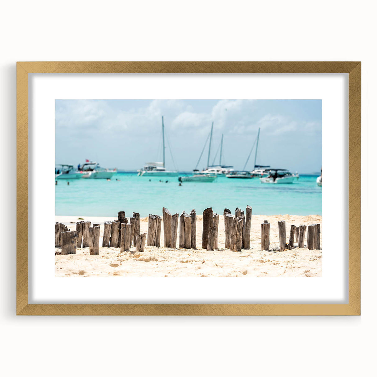 Extra large abstract art print of Quintana Roo scenery in textured style with gold frame, ideal for living room decor.