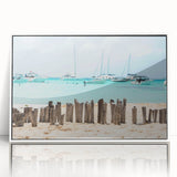 Art deco poster depicting a serene Quintana Roo scenery, in muted blue and green tones, framed in white acrylic.