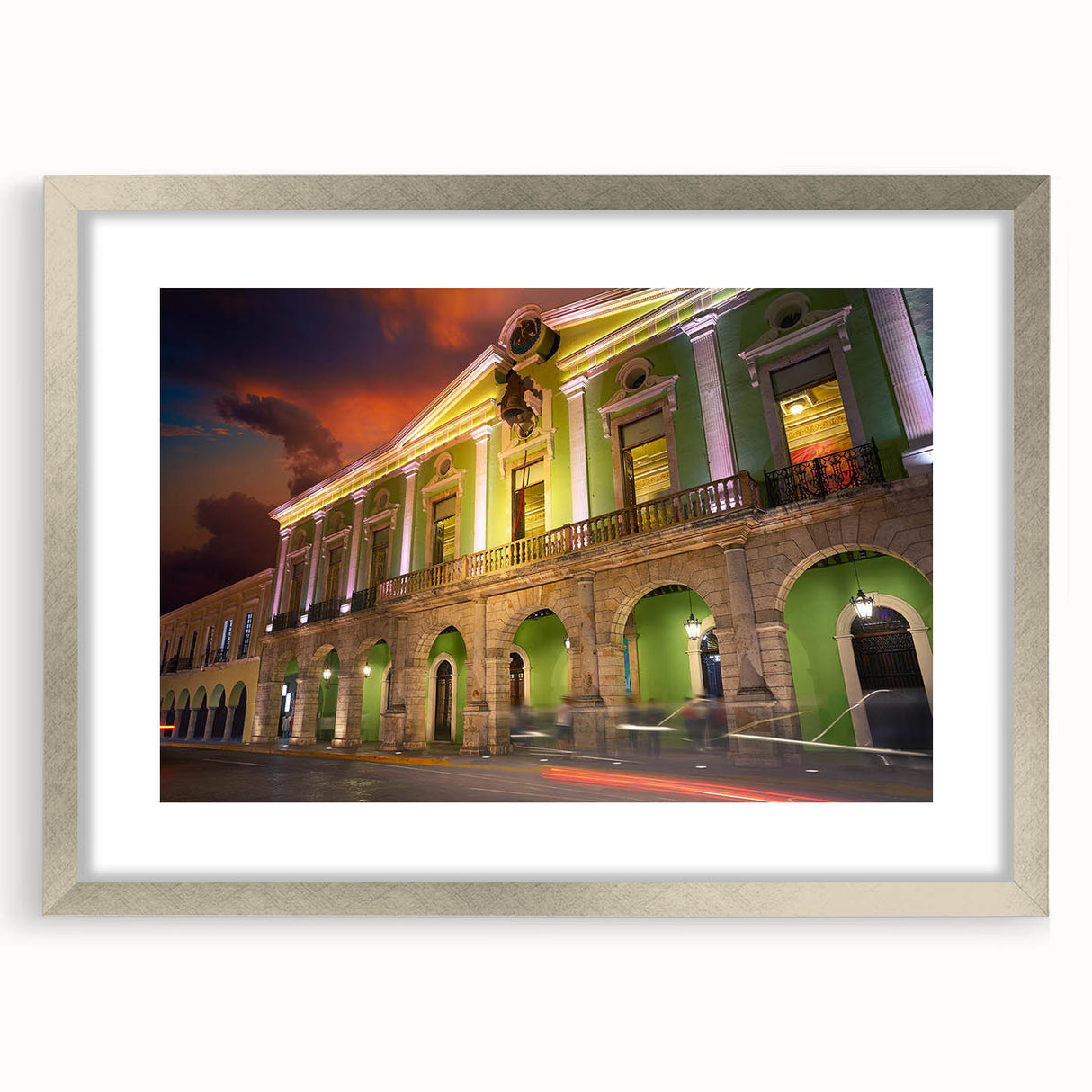 Textured art depicting an abstract Yucatan scenery in muted earth tones, framed in silver, ideal for bedroom art.