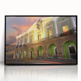 Large abstract wall art featuring a mid-century modernist design of Yucatán scenery in muted earth tones.