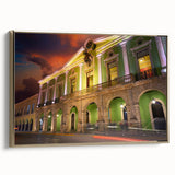 Framed canvas featuring a vintage-style landscape painting of Yucatan, Mexico, in muted earth tones.