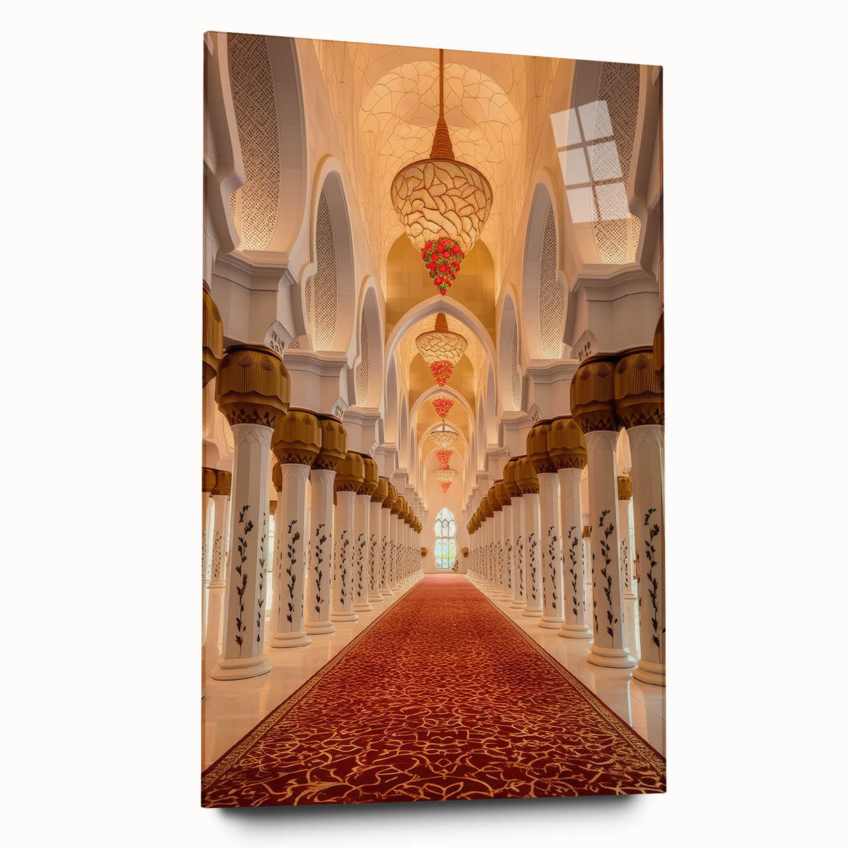 Large abstract wall art of Dubai skyline in vibrant twilight hues on acrylic glass, ideal for bedroom or dining room decor.