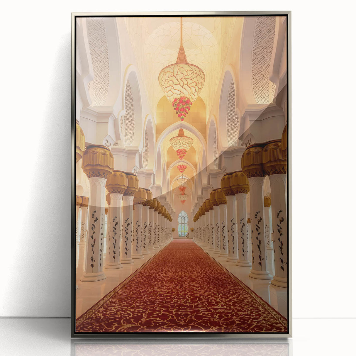 Mid-century modernist art depicting the Dubai skyline in silver and blue tones on a framed acrylic print.