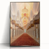 Mid-century modernist art depicting the Dubai skyline in silver and blue tones on a framed acrylic print.