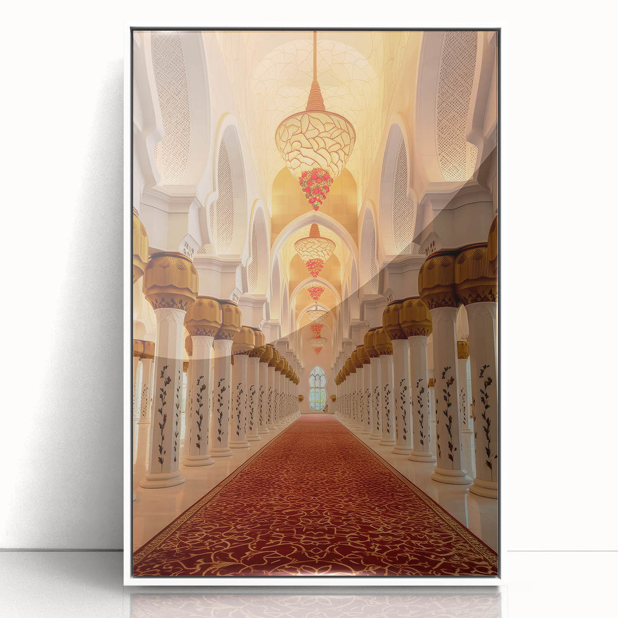 Art deco style poster of Dubai skyline depicted in muted gold and blue tones on a white framed acrylic.