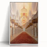 Art deco style poster of Dubai skyline depicted in muted gold and blue tones on a white framed acrylic.