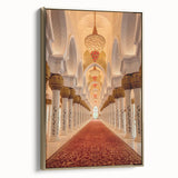 Framed canvas wall art depicting the Dubai skyline in muted gold tones, ideal for bedroom decor.