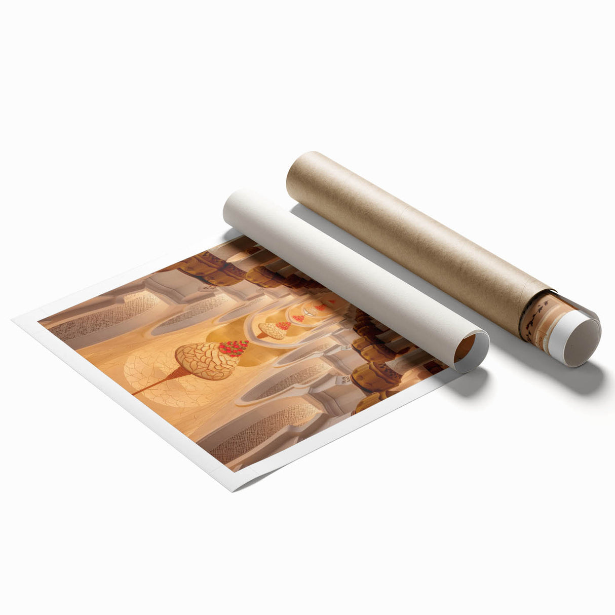 Extra large rolled print depicting Dubai skyline in muted earth tones, ideal for classy bathroom wall art.