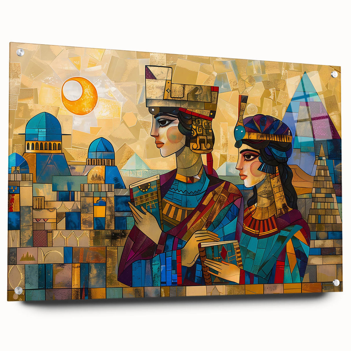 Acrylic print of an abstract Middle Eastern scenery in muted earth tones, ideal for dining room decor.