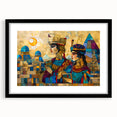Colorful abstract art print depicting a Middle Eastern scenery in vibrant hues on a large, framed canvas.